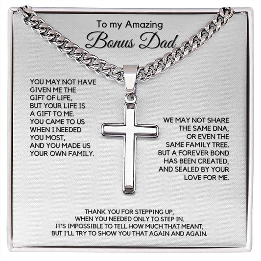 Gift for Bonus Dad from Daughter - Christian Cross Necklace Gift - Thank you for Stepping Up!