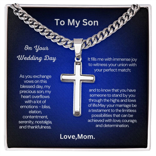 Gift from Mom to Son on His Wedding Day - Cuban Chain with Artisan Cross Necklace